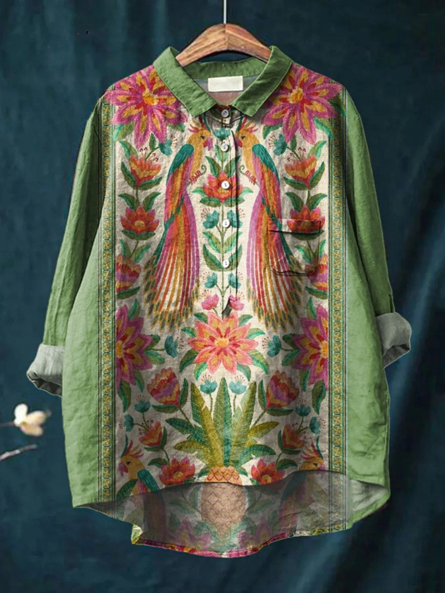Arabella | Women's Vintage Lovely Floral Birds Art Print Casual Shirt