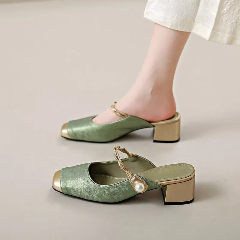 Lili | Pearl Accent Block Heel Mules