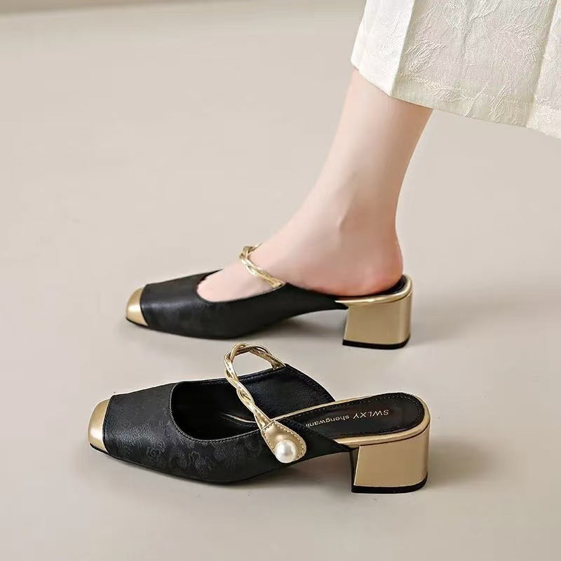 Lili | Pearl Accent Block Heel Mules