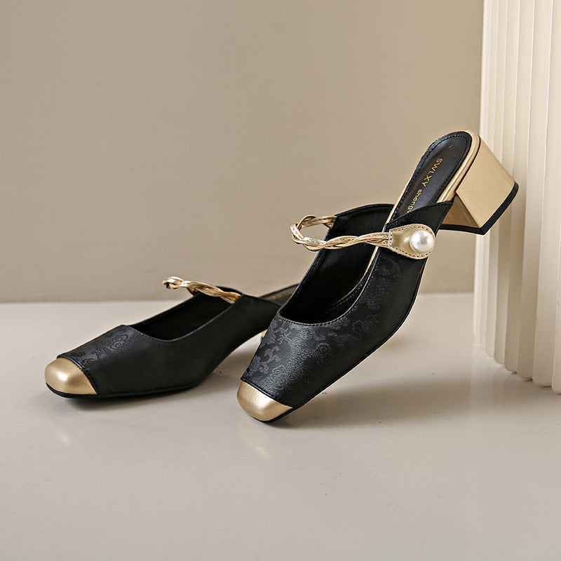 Lili | Pearl Accent Block Heel Mules