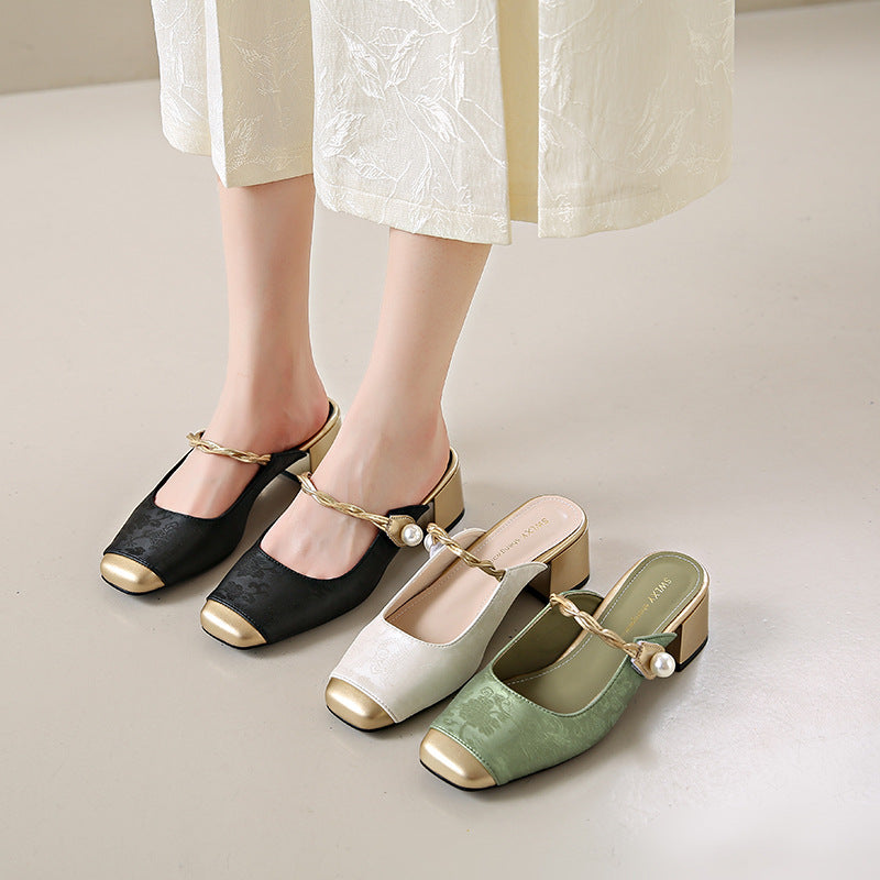 Lili | Pearl Accent Block Heel Mules