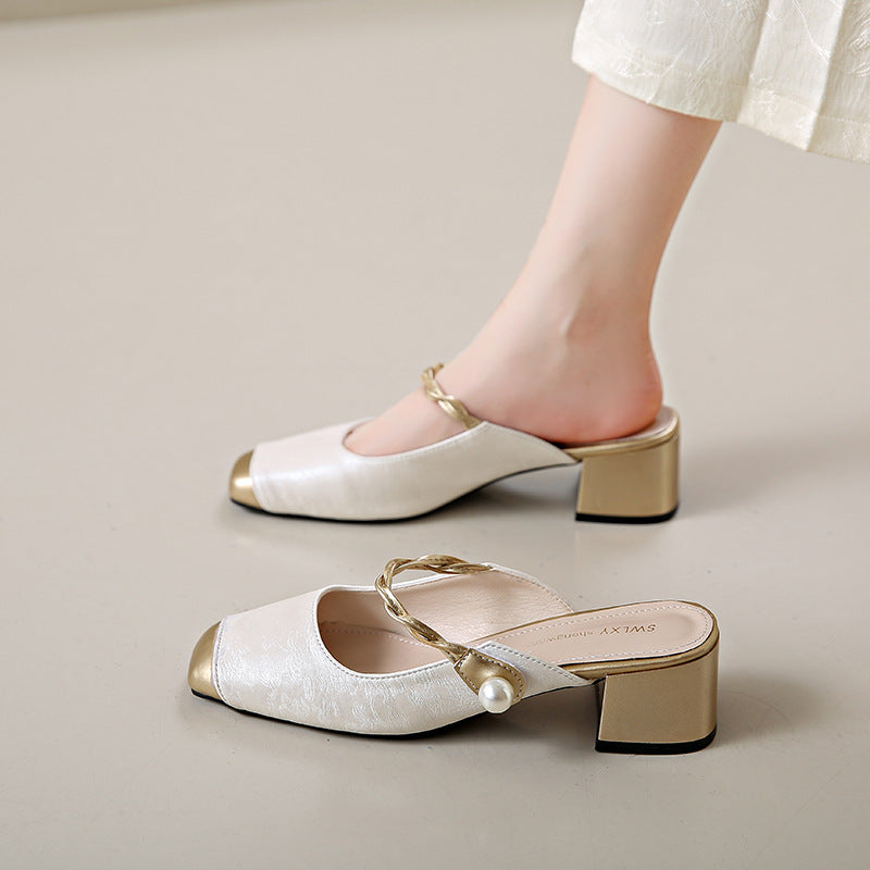 Lili | Pearl Accent Block Heel Mules