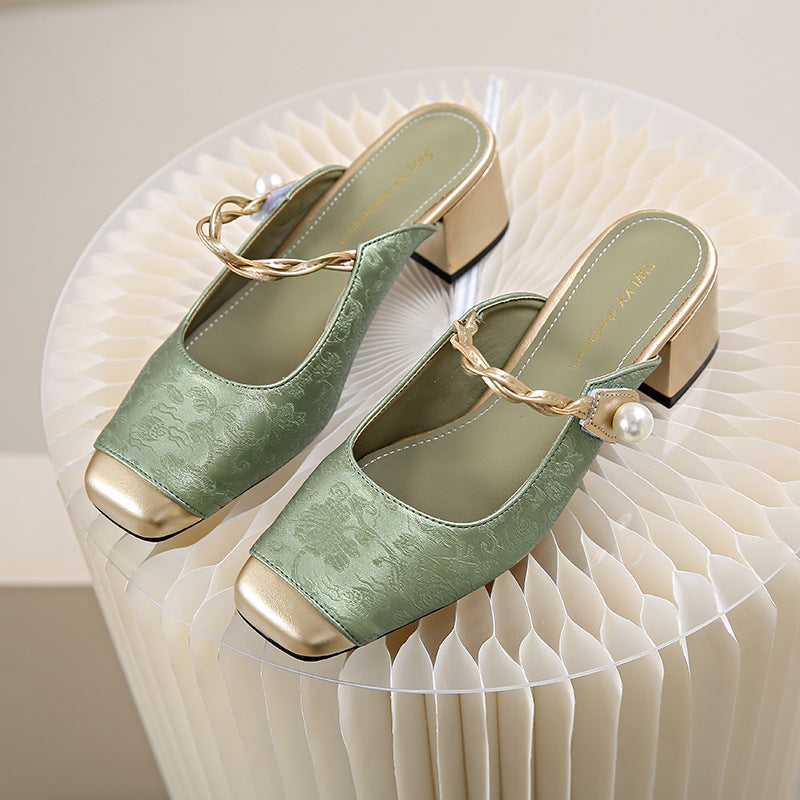 Lili | Pearl Accent Block Heel Mules