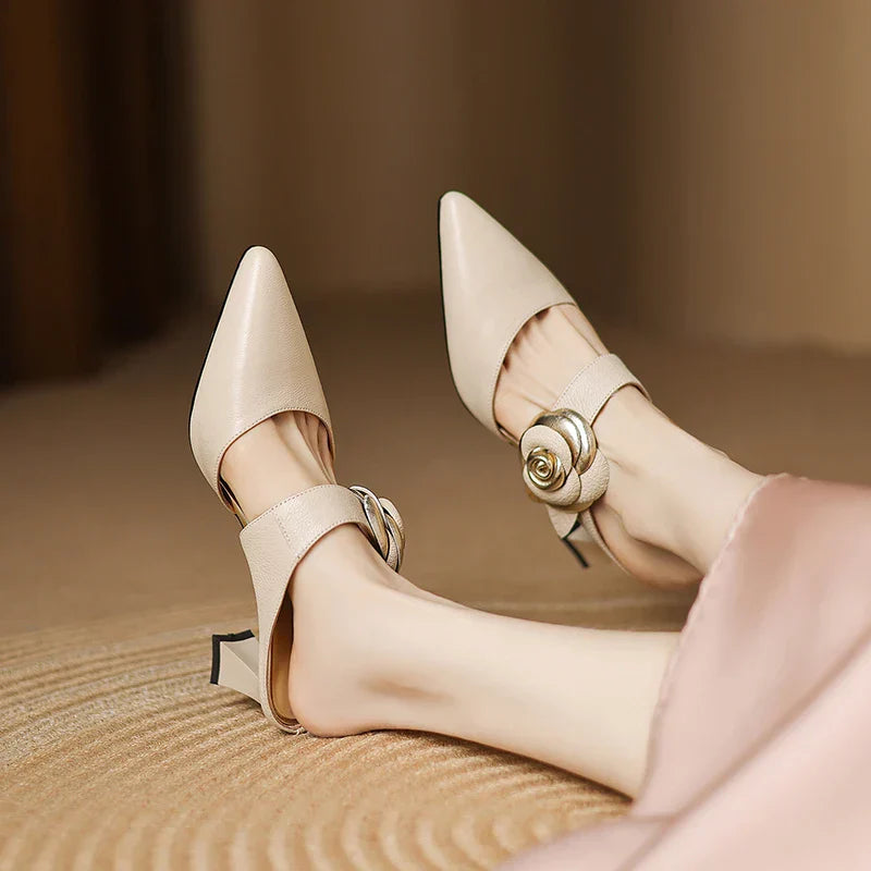Thalia | Rose Accent Pointed-Toe Mules