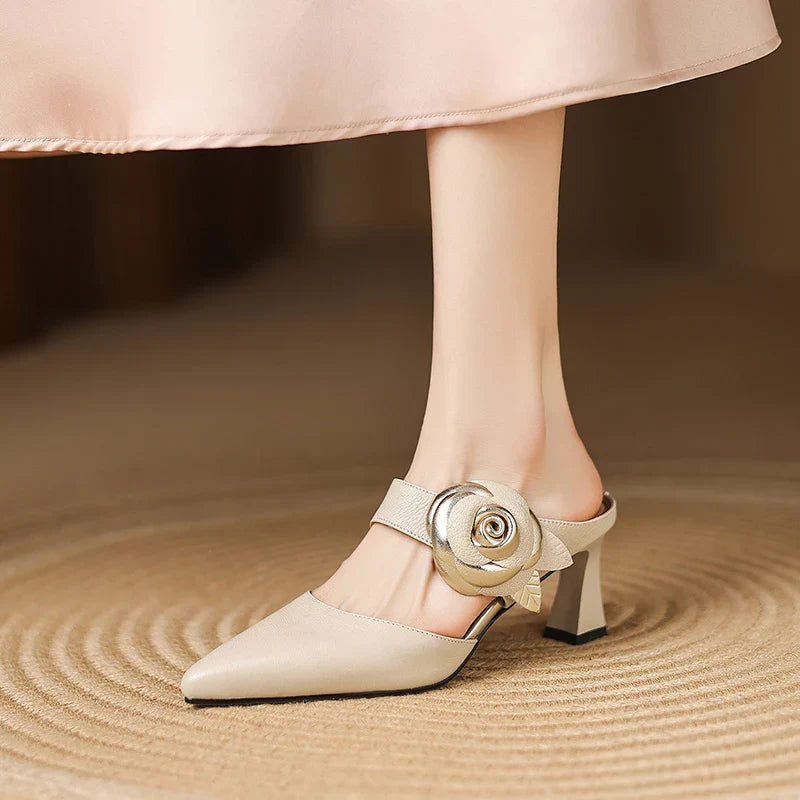 Thalia | Rose Accent Pointed-Toe Mules