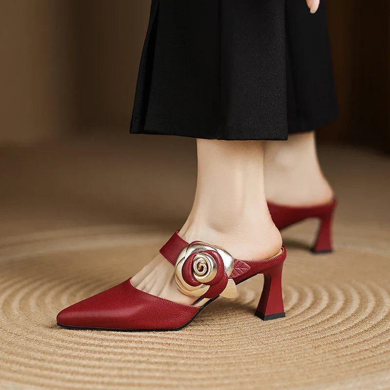 Thalia | Rose Accent Pointed-Toe Mules