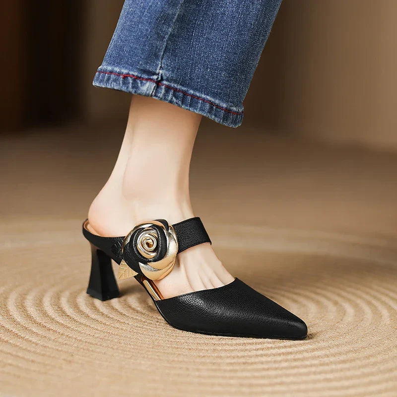Thalia | Rose Accent Pointed-Toe Mules
