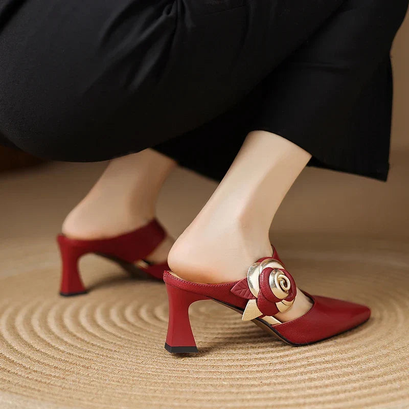 Thalia | Rose Accent Pointed-Toe Mules