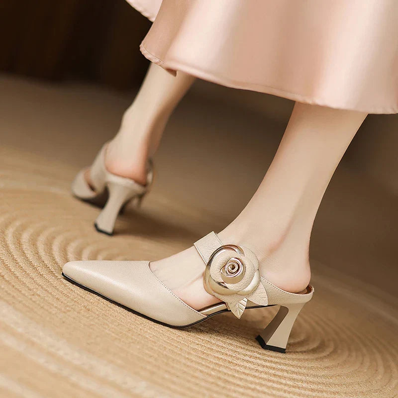 Thalia | Rose Accent Pointed-Toe Mules