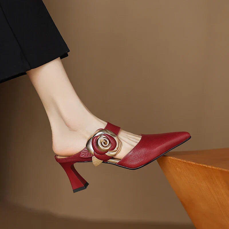 Thalia | Rose Accent Pointed-Toe Mules