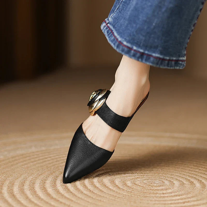 Thalia | Rose Accent Pointed-Toe Mules
