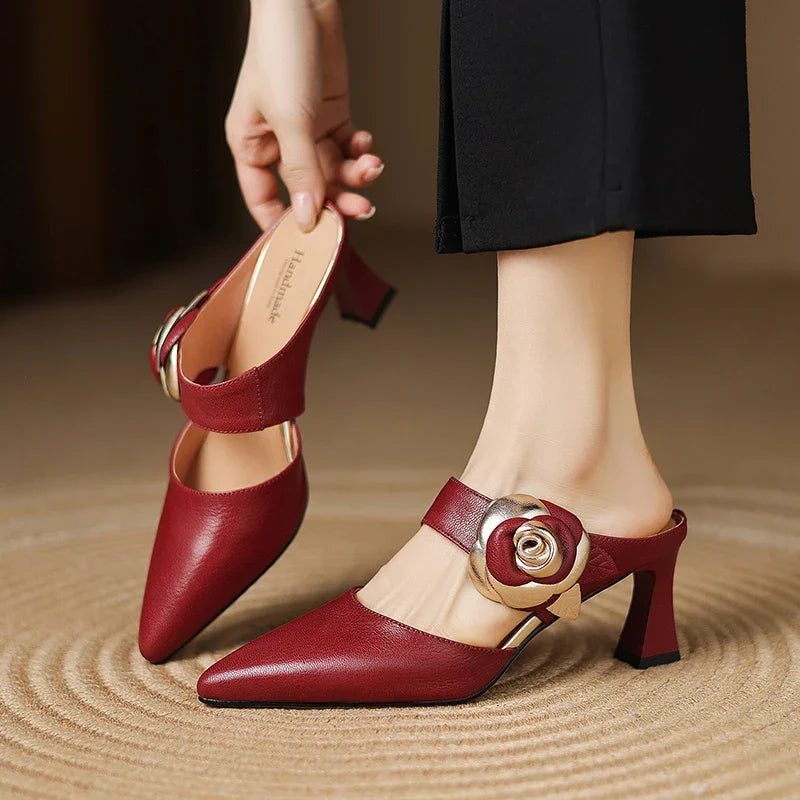 Thalia | Rose Accent Pointed-Toe Mules