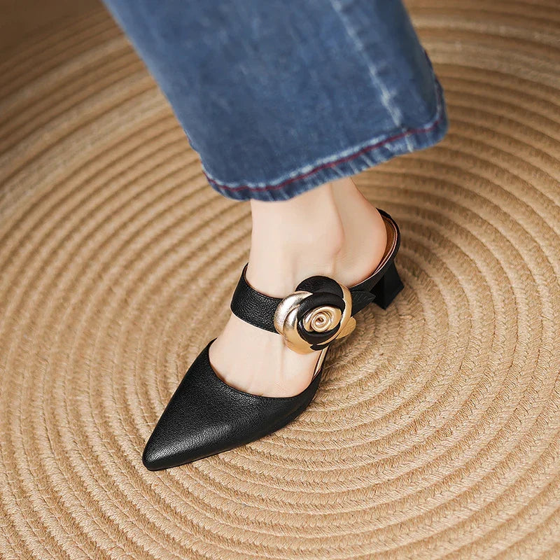 Thalia | Rose Accent Pointed-Toe Mules