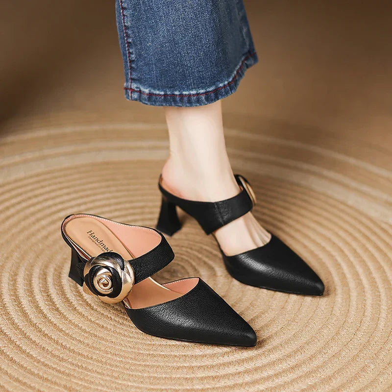 Thalia | Rose Accent Pointed-Toe Mules